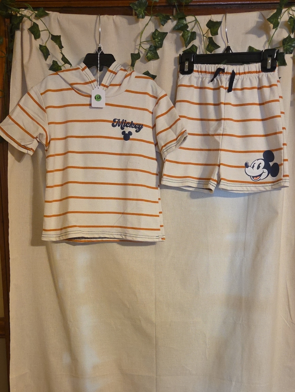 Disney Short-Sleeve Hooded Mickey Short Set in Cream & Orange Stripes